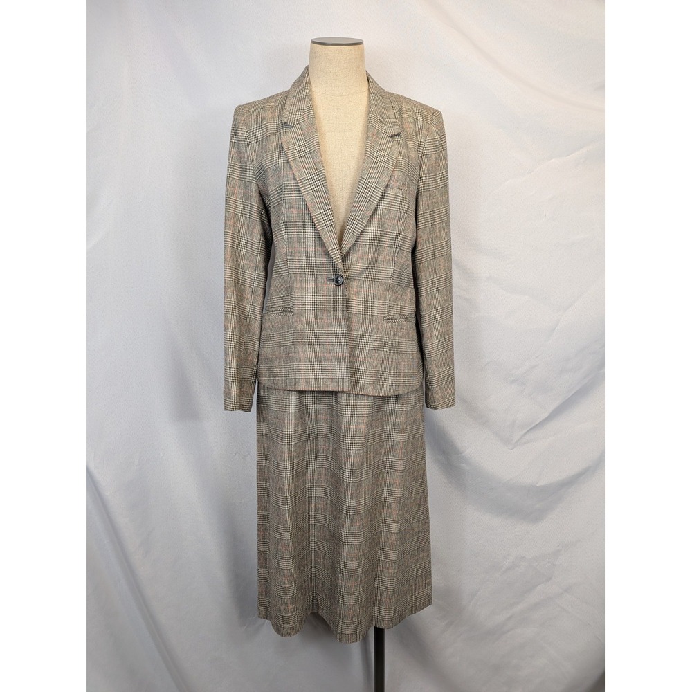 Saks Fifth Avenue Vintage Plaid Skirt Suit 12 Wool Silk Gray Red Dark Academia